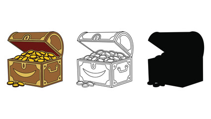 Antique treasure chest overflowing with golden coins, presented in color, outline, and silhouette.