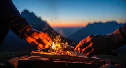 Igniting a Campfire at Dusk: A Moment of Connection with Nature and the Wilderness