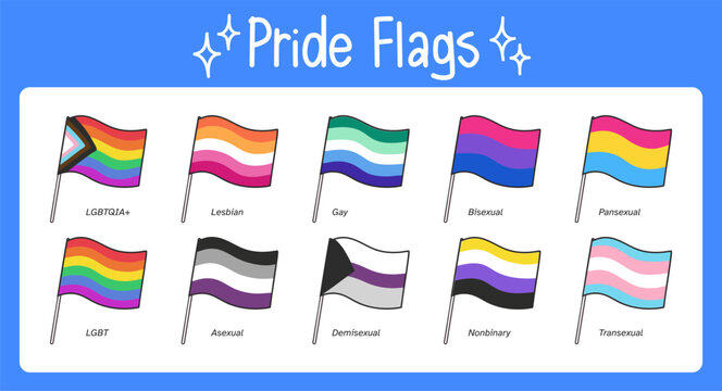 Vector pack of 10 cute LGBT pride flags including gay, lesbian, bisexual, pansexual, asexual, demisexual, non-binary, and trans for Pride Month