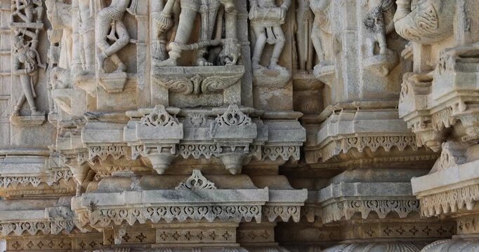 Detail intricate sculpture and architecture of historic Jain temple in Ranakpur village Rajasthan, India. Built in 1496.