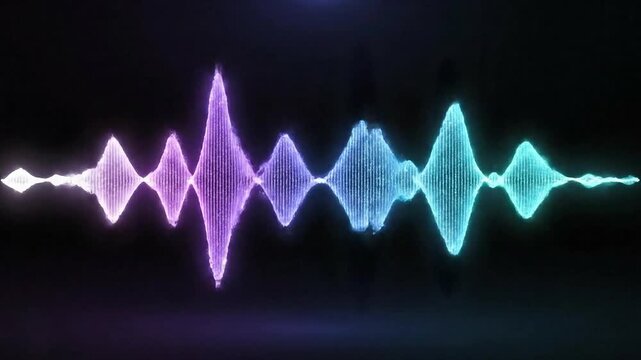 Digital Neon Audio Waveform with Pulsing Purple and Blue Glow on a Black Background