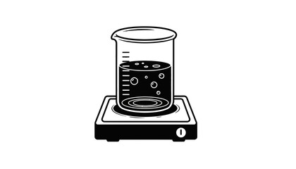 A beaker filled with liquid sits on a hot plate in a laboratory setting silhouette