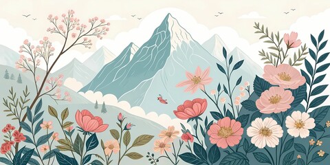 Floral Mountain Fusion
Mountains integrated with blooming flowers and botanical elements, elegant and nature-inspired design.