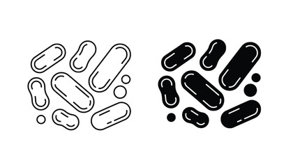 A black and white illustration of various pill shapes on a plain background silhouette