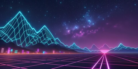 Futuristic Neon Mountains
Glowing neon outlines of mountains against a dark cyberpunk sky, vibrant and modern aesthetic.