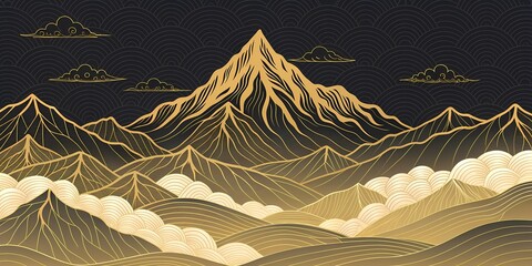 landscape wallpaper design with Golden mountain line arts, luxury background design for cover