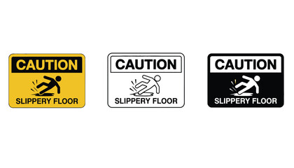 Three caution signs warning of a slippery floor in different colors and designs