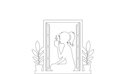 A woman sits by an open window with plants, enjoying a peaceful moment in silhouette