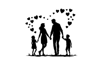 A loving family of four in silhouette with hearts floating above them silhouette