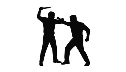 Two men in a fierce physical confrontation in silhouette mode