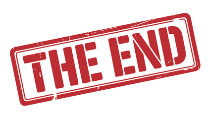 A red stamp with the words THE END on a white background silhouette