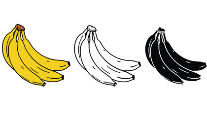 A colorful illustration of three bunches of bananas in different shades and styles silhouette
