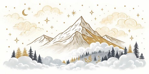 landscape wallpaper design with Golden mountain line arts, luxury background design for cover