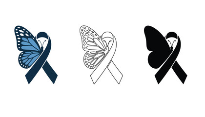 A symbolic illustration of butterflies with awareness ribbons in different colors and designs silhouette