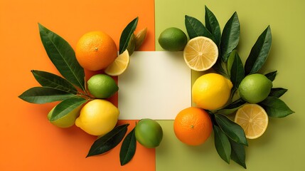 Colorful, creative arrangement of citrus fruits, green leaves, and blank card on bright background