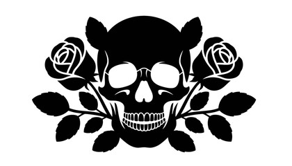 A black skull with roses and leaves in a striking silhouette design