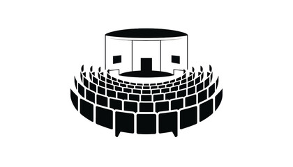 A minimalist illustration of a circular theater with a silhouette of audience members