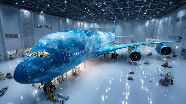 Aviation Art: A Stunning Blue Aircraft Unveils Its Galaxies in an Immaculate Hangar, Showcasing Advanced Technology, Design, and Engineering Marvel in the Aircraft Manufacturing Process