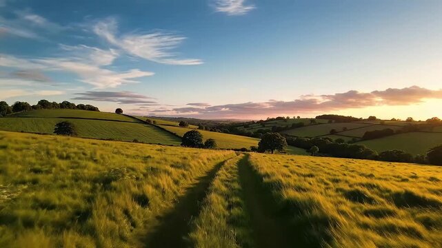 An expansive, picturesque rural landscape bathed in the warm, golden light of either sunrise or sunset. The rolling green hills are segmented by natural boundaries and dotted with trees, creating a se