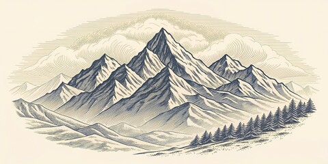 Vintage Engraved Mountains
Detailed hand-engraved mountain illustration with classic etching style, retro and timeless look.