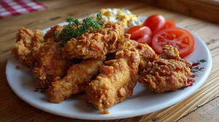 A delicious gourmet meal featuring plates of fried chicken with rice and pork with rice served with fresh vegetables and sauce in a restaurant setting