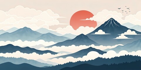 Zen Mountains with Clouds
Minimalist Japanese-inspired mountains with floating clouds and a rising sun, peaceful and balanced composition.