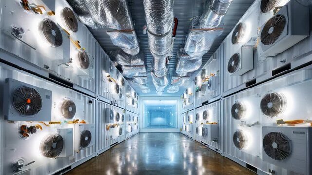 A Stunning View of a High-Tech Cooling Facility Featuring Advanced Air Conditioning Units and a Well-Designed Ventilation System, Ideal for Climate Control and Energy Efficiency.