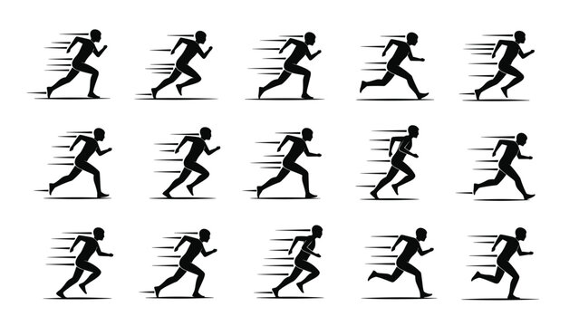 Sprite sheet or animation sequence showing the keyframes of a running man in silhouette, illustrating motion, speed, and athletic activity.
