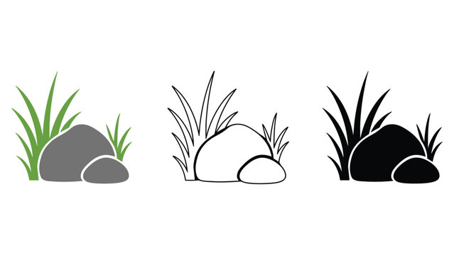 Simple stylized depiction of rocks and grass in three variations: color, outline, and silhouette.