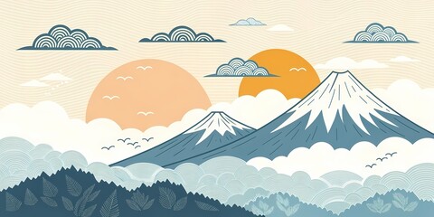 Zen Mountains with Clouds
Minimalist Japanese-inspired mountains with floating clouds and a rising sun, peaceful and balanced composition.