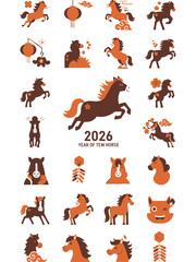 Fototapeta premium Collection of Stylized Horse Illustrations for Chinese New Year 2026.