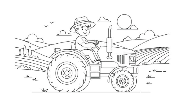 A fun coloring page for children featuring a happy boy in a hat driving a large tractor through rolling farm fields under a bright sun.