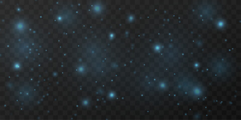 Obraz premium Blue glowing dust sparkles with glitter and shimmer across soft bokeh. Twinkle, sparks, luminous highlights, and flare form magical holiday light. Christmas png vector illustration.