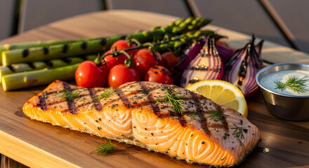Grilled salmon fillet with vegetables and sauce on wooden board