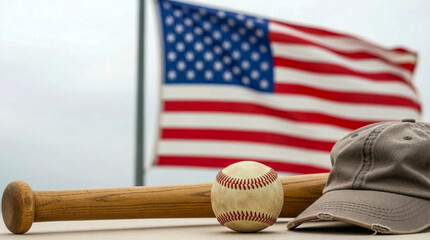 Baseball Bat Ball and Cap with American Flag