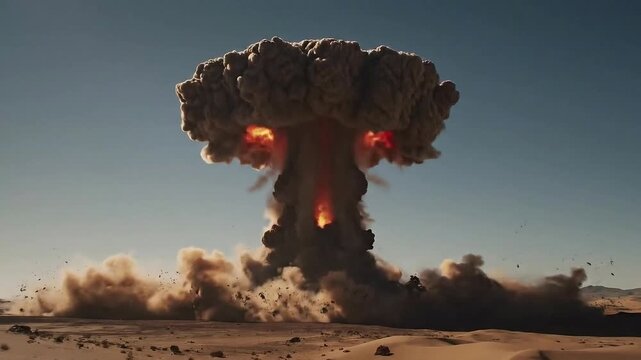 Cinematic shot of a massive nuclear explosion in the desert with a rising mushroom cloud and shockwave