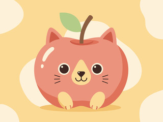 Fototapeta premium Adorable illustration featuring a charming cat face cleverly integrated into the shape of a ripe pink apple with a small green leaf and brown stem.