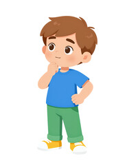 Cartoon boy in blue shirt thinking.