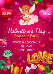 Fototapeta premium Valentine Day party flyer of cartoon Cupid and snake characters with love holiday gifts. Valentines romantic party vector flyer with cute cherub angel, love arrows, heart balloons, flowers and gifts