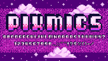 Pixel art font, retro 8 bit game type alphabet. Old computer digital font letters, numerals and punctuation marks at vector background of retro arcade game space purple pixel sky and clouds