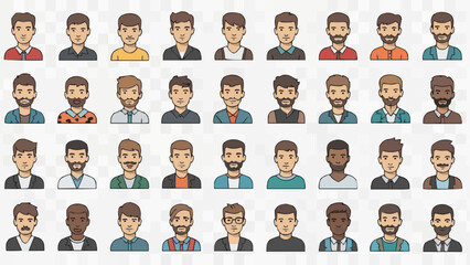 Diverse Group of Cartoon Men Avatars with Various Hairstyles and Facial Hair. © Lewos