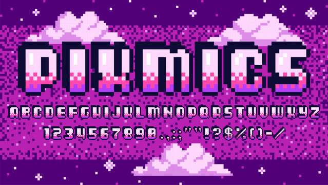 Pixel art font, retro 8 bit game type alphabet. Old computer digital font letters, numerals and punctuation marks at vector background of retro arcade game space purple pixel sky and clouds