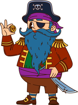 Pirate crew blue beard captain cartoon character. Cheerful pirate mascot, filibuster captain isolated vector personage. Corsair fighter character with long blue hair, holding piaster golden coin