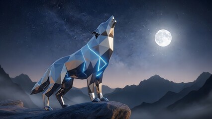 Luminous Geometric Wolf Howling at the Full Moon