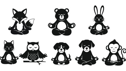 Various animals are meditating in a peaceful and calm setting.