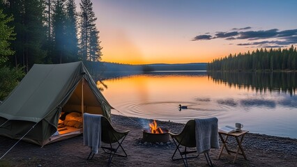 Sunrise Camping by a Misty Lake