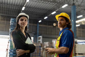 Warehouse supervisor and logistics worker in safety gear discussing operations in storage facility, representing teamwork, leadership, professional planning in supply chain logistics.