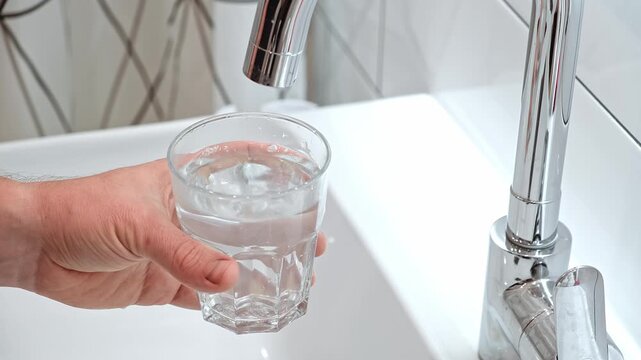 A man pours drinking tap water into a glass. The concept of clean centralized water supply system. Mouthwash water. Quench your thirst. Water resources. High quality 4k footage.