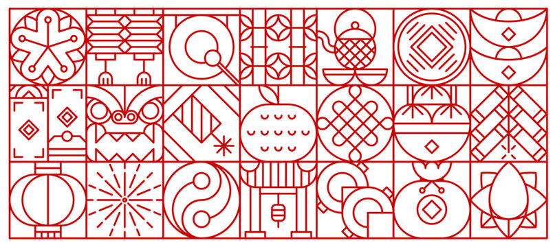 Chinese Lunar New Year geometric pattern in red and white colors with abstract shapes and minimalist design. Vector background features Asian lattice elements for festive postcards, fashion textures