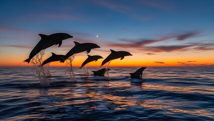 Dolphins Leaping in Golden Sunset Waters